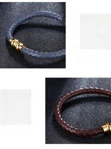 Detailed macro view of woven leather bracelets with textured gold plated metal clasps