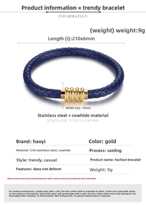 Blue braided leather bracelet with golden stainless steel magnetic clasp and dimensions