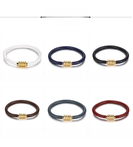 Detailed grid showing six colors of hand-woven genuine leather bracelets with magnetic clasps