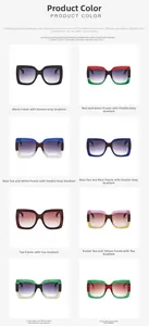 Vue détaillée de lunettes de soleil carrées avec montures multicolores et verres dégradés