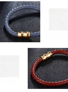 Detail of woven leather bracelet featuring a gold magnetic clasp and textured cowhide finish