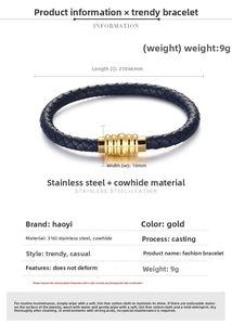 Detail view of the gold 316L stainless steel clasp on a navy blue braided leather bracelet