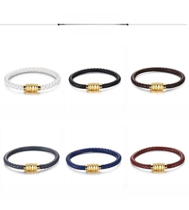 Color display of woven cowhide leather bracelets in six colors with gold metal clasps
