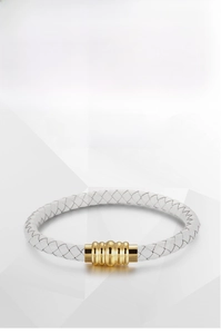 Detail of white braided leather bracelet with high-quality gold titanium steel clasp