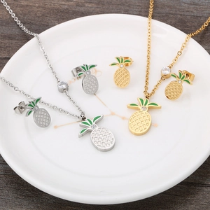 Cute pineapple jewelry set with fruit pendant necklace and earrings in silver and gold