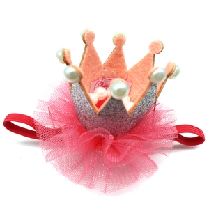 Pink and silver pet birthday crown with mesh and pearls for small dogs and cats