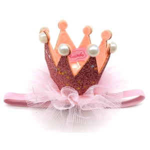 Pink dog birthday crown hat with glitter fabric, pearls, and mesh for small pets