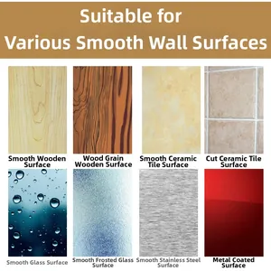 Strong adhesive wall hook application guide showing wood, marble, glass and metal surfaces