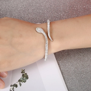 Creative snake-shaped silver bracelet with sparkling zircon and green gemstone eyes for women