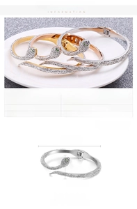 Detailed specs of snake wrap bracelet with cubic zirconia and green eyes on white plate