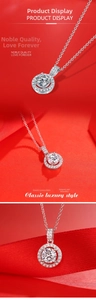 Macro detail of S925 silver moissanite pendant on red satin festive background