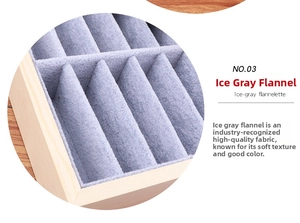 Detail of ice-gray velvet inner lining and wooden frame for bracelet display tray
