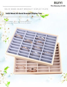 Dual wood jewelry display trays with 40 slots and grey velvet lining for bracelets