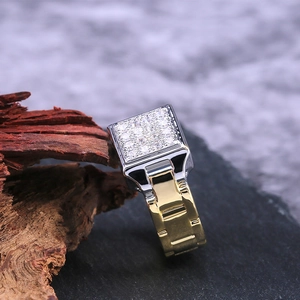 Hip hop men's watch strap ring with square cubic zirconia on dark stone background