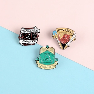Three creative d20 dice enamel pins featuring Dungeons and Dragons TRPG game themes