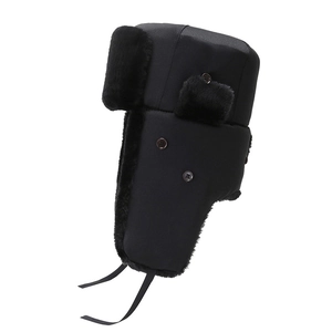 Winter black windproof trapper hat with warm faux fur lining and ear flaps for men