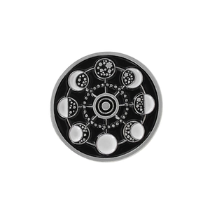 Creative circular enamel pin featuring astronomical moon phases and galaxy star pattern