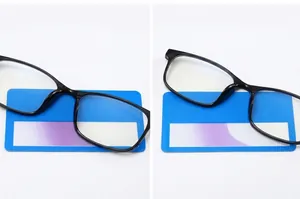 Blue light blocking test showing TR90 glasses protecting lens from harmful rays