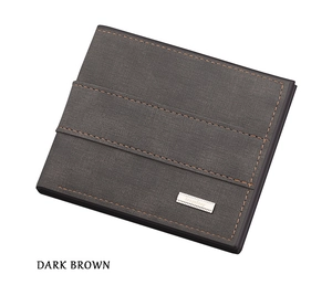 Detail of dark brown matte leather wallet with orange contrast stitching and metal logo