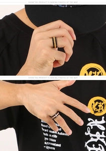 Detail of men's two-tone stainless steel ring featuring a matte black finish and gold gear texture