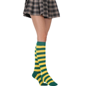 Detail of yellow and green striped knee-high socks showing cotton texture and ribbing