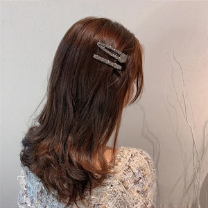 Détail de deux barrettes en cristal gris portées sur le côté pour un look chic