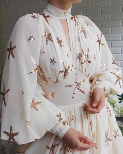 Detail of sequined starfish pattern on off-white chiffon dress with lantern sleeves