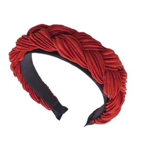 Braided wine red pleated wide headband for women featuring elegant fabric texture