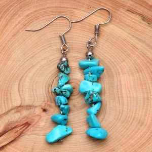 Handmade stainless steel fishhook earrings with natural turquoise blue stone chips
