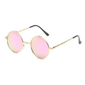 Retro polarized round sunglasses with gold metal frame and pink reflective lenses