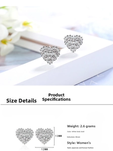 Detailed size chart for heart-shaped cubic zirconia stud earrings in 13mm by 12mm