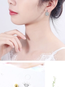Close-up of square zircon cluster earrings with a silver metallic finish on a model