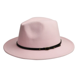 Detail of pink wool fedora hat featuring black leather band and antique bronze buckle