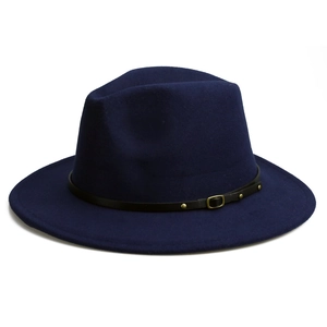 Close-up of wool fedora hat with black leather strap and bronze buckle detail