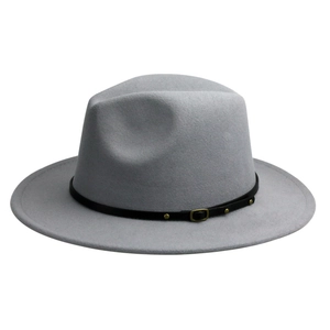 Detail of light grey wool fedora hat featuring a black leather band with gold buckle