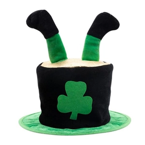 Detail of green St. Patrick's Day elf hat featuring clover patterns and playful legs