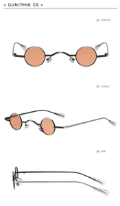 Three-angle views of retro round steampunk sunglasses with gunmetal frame and pink lenses
