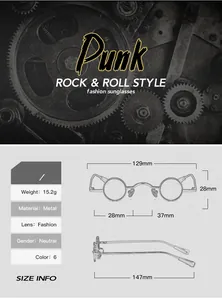 Detailed size chart and mechanical metal frame specifications for retro punk round sunglasses