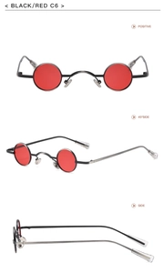 Three-angle detail of steampunk sunglasses featuring a black metal frame and red lenses