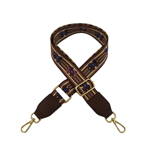 Böhmischer geometrischer Jacquard-Schultergurt mit Lederenden und Gold-Metallhaken
