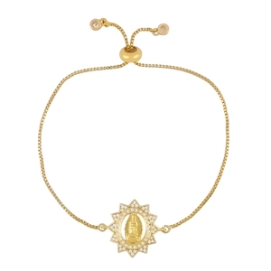 Gold adjustable box chain bracelet with Virgin Mary oval pendant and zircon sunburst frame