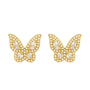 Elegant gold butterfly earrings with white zircon stones on a clean white background