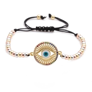 Detailed close-up of adjustable Evil Eye bracelet with multi-color cubic zirconia and enamel
