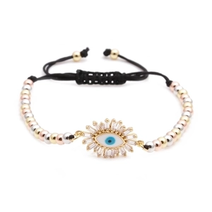 Adjustable evil eye bracelet with tri-color metallic beads and sparkling zircon pendant