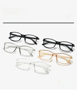 Flat lay of TR90 square optical frames in multiple colors showing size and model specs
