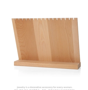 Macro view of solid wood necklace display stand with 15 storage slots and sturdy base