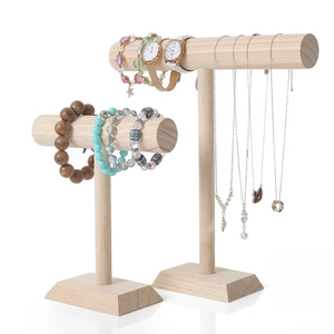 Solid wood T-bar jewelry display stands in two heights for watches and bracelets