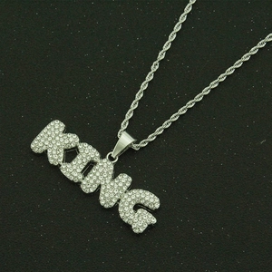 Hip hop silver KING letter pendant necklace with sparkling rhinestones and rope chain