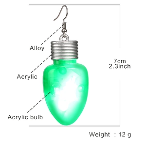 Green LED light bulb earrings made of acrylic and alloy, size 7cm, for Christmas parties