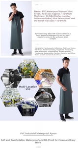 Detail showing deep green waterproof PVC apron with 110x80cm dimensions and oil resistance